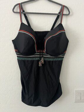 Cacique Swim Tankini Top 44DDD Black Underwire Tassel Boho Plus Size Swimwear